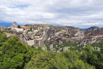 Fototapeta na wymiar Meteora Monastery Greece. Panoramic view of Holy Trinity (Agia Triada) monastery, UNESCO World Heritage Site, Trikala, Greece 