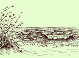 Beach and sea carbon drawing