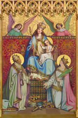 Obraz na płótnie Canvas KREMNICA, SLOVAKIA - JULY 16, 2017: The neo-gothic painting of on the wood (Madonna, St. Catherine and St. Clement) from side altar of St. Catharine of Alexandria church by Ferenc Storno (1885).