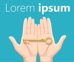 Human hand with key creative vector illustration in flat style for presentation, booklet, website and other project. Design element.