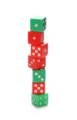 Red and green gambling dice isolated on white background