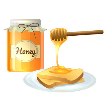 Colorful cartoon illustration of honey pot, honey spoon, toasts, organic nature product. Vector