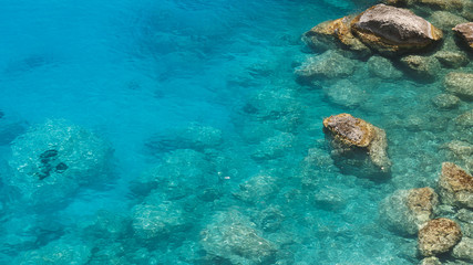 Aerial view to  clear blue green sea  with rocks, beautiful nature background