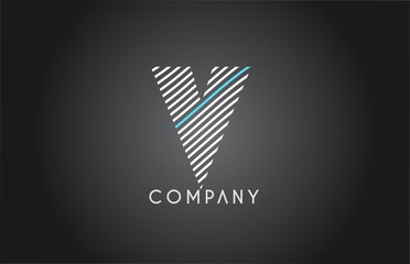 V alphabet line stripe white blue letter logo icon design