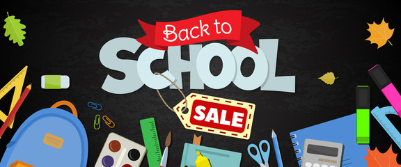 Blackboard with greeting, First day of school, Back to school sale horizontal banner. Vector