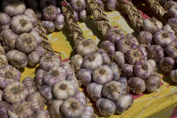 Garlic for sale at a farmers market in Arles in the south of France