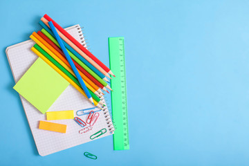 School and office supplies, background with copy space. School fashion. Back to school concept
