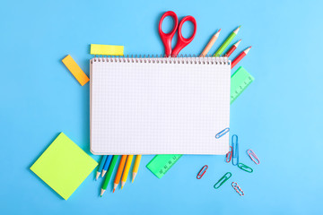 School and office supplies, background with copy space. School fashion. Back to school concept