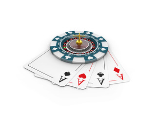 3d Illustration of casino chips and roulette on the play cards, isolated white