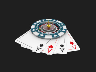 Casino blue chip and roullette on the play card, isolated black 3d Illustration