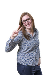 Pretty business woman making victory gesture with black glasses