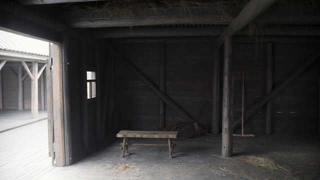 Interior of old rustic barn - historical reconstruction of tatar village