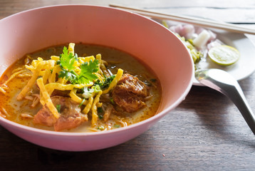 Khao Soi, Thai Northern Style Curried Noodle Soup with Beef.