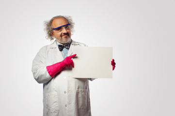 Scientist holding a sign