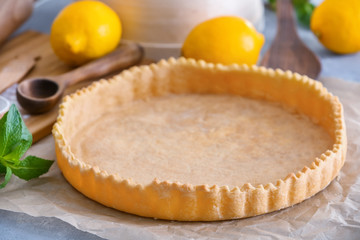 Empty pie crust on table, closeup