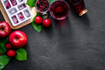 Summer ice fruit drink with apple, pulm and cranberry on black table top view copyspace