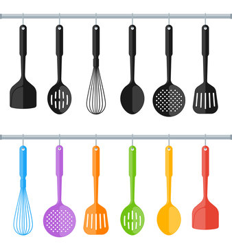 Black and colorful hanging plastic kitchen utensil set. Flat concept illustration of cooking tools. Vector cook equipment collection. Group of kitchenware appliances isolated on white background.