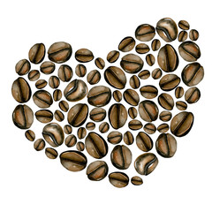 Heart illustration from watercolor coffee beans, hand painted isolated on a dark background