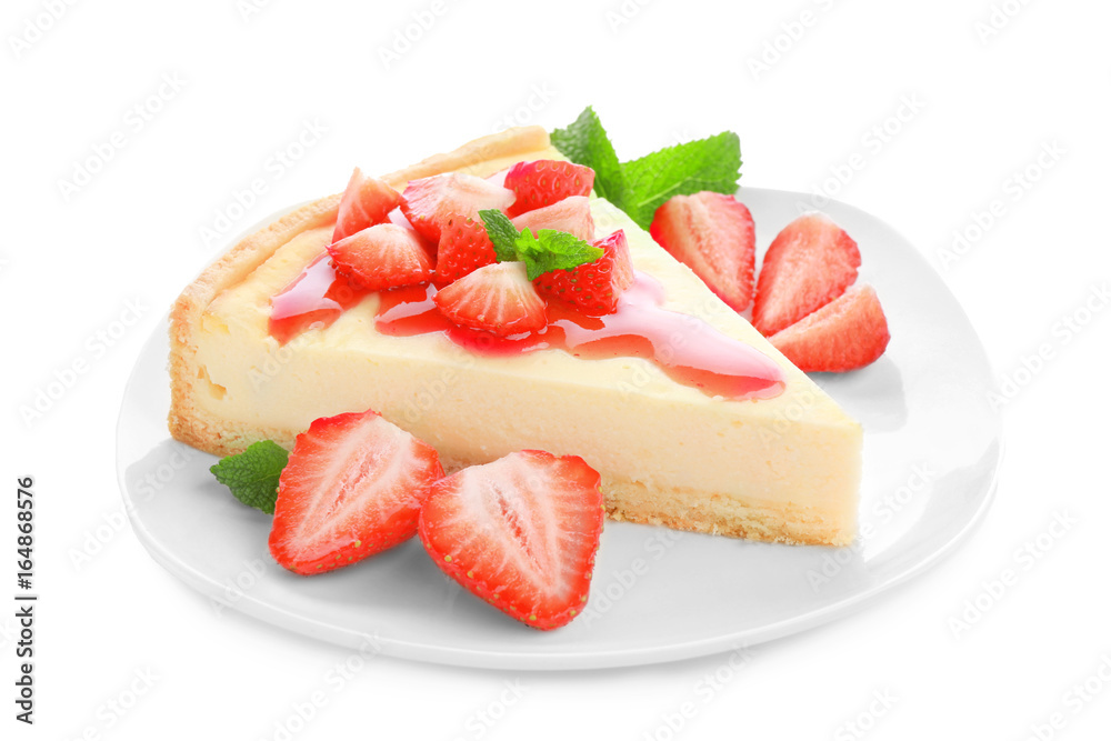 Poster plate with piece of homemade strawberry cake on white background