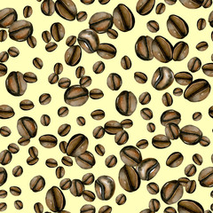 Seamless pattern with watercolor coffee beans, hand painted isolated on a warm yellow background