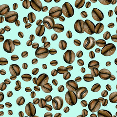 Seamless pattern with watercolor coffee beans, hand painted isolated on a warm blue background