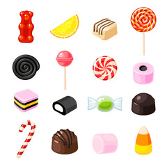 Set single cartoon candies: lollipop, candy cane, bonbon, marmalade teddy bear, licorice, candied fruit. Vector collection of flat icon illustration, isolated on white.