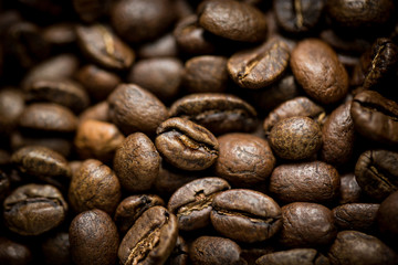 Top view of coffee beans mediam rosted closeup shot, Colour retro style, Thailand