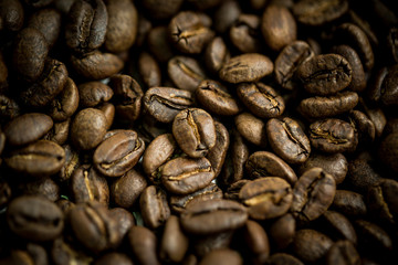 Top view of coffee beans mediam rosted closeup shot, Colour retro style, Thailand