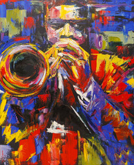 Colorful jazz trumpeter illustration - obrazy, fototapety, plakaty