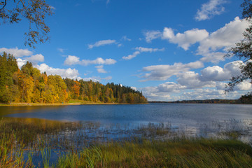 Fototapeta na wymiar Fall forest behind the lake. Beautiful sky with sun and clouds. Autumn moment.