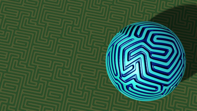 Blue ball with maze surface positioned on a green labyrinth plane. Horizontal frame of 3d render.