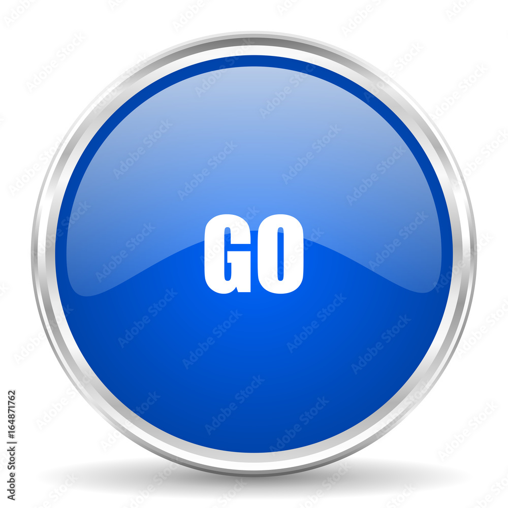 Fototapete go blue glossy vector icon. chrome border round web button. silver metallic pushbutton.