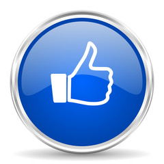 Like blue glossy vector icon. Chrome border round web button. Silver metallic pushbutton.