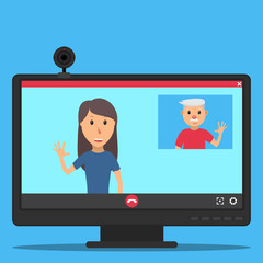 Fototapeta na wymiar Computer monitor and web camera. The interface of the video call application. Video chat between father and daughter. Young woman talking with her father. Vector illustration in a flat style