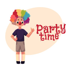 Little boy wearing clown nose and rainbow colored wig showing thumb up, ,cartoon style invitation, banner, poster, greeting card design. Party invitation, advertisement, boy wearing clown red nose