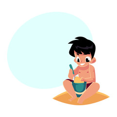 Cute little boy playing with sand and bucket on sandy beach, cartoon vector illustration with space for text. Little boy, child, kid sitting on the beach, playing with sand, bucket and shovel