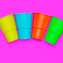 Plastic tableware. Minimal. Multicolored glasses