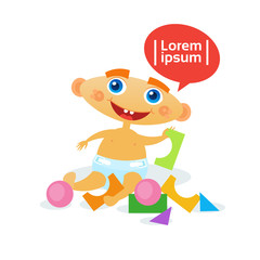 Cute Baby Boy Playing With Toys Toddler Happy Cartoon Infant In Diaper Flat Vector Illustration