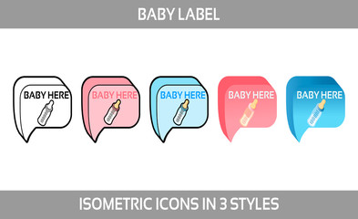 Simple Vector Icons of a classic label baby is here for a boy and a girl in three styles. Isometric, flat and line art icons.