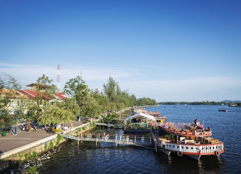 view of river boat restaurants in kampot town cambodia