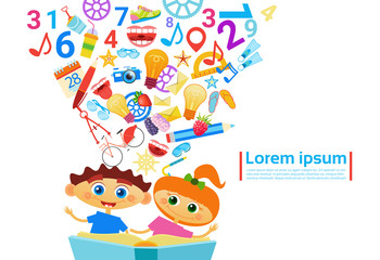 Obraz premium Little Girl And Boy Reading Book Together Hobby Flat Vector Illustration