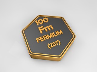 fermium - Fm - chemical element periodic table hexagonal shape 3d render