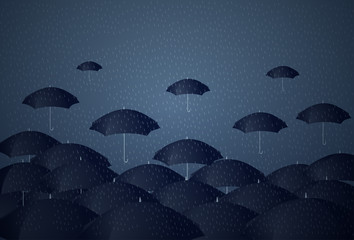 Many Umbrellas Under Rain Storm Business Problem Concept Flat Vector Illustration