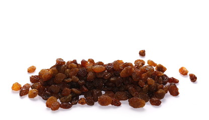 Pile of raisins isolated on white background