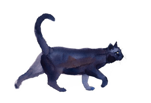 Black Cat Walking Watercolor Hand Drawn Pet Portrait Animal Illustration 