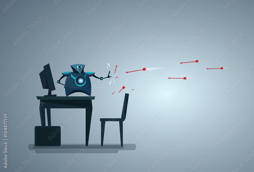 Poster Modern Robot Protecting Computer Database From Attack Artificial Intelligence Data Security Technology Vector Illustration