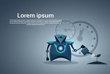 Modern Robot Watering Money Tree Finance Success Artificial Intelligence Concept Vector Illustration