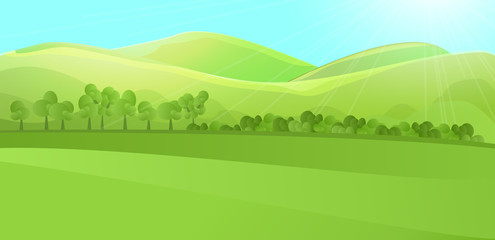 Clear horizontal landscape with green hill, mountains, grass and tree garden or forest. Colored cartoon vector illustration. Can be used for farm banner design