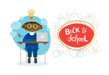 Back To School African American Pupil Boy Sitting At Desk Studing Flat Vector Illustration
