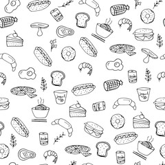 Seamless hand drawn pattern of fast food items and symbols, burger, pizza, drinks, fries, vector illustration